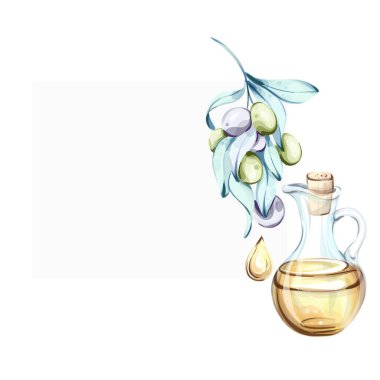 Güzel bir suluboya resimde cam bir yağ kabının yanında narin yeşil yapraklardan sarkan bir zeytin kümesi görülüyor. Sanatçılık, İtalyan mutfağının cazibesini yansıtıyor.