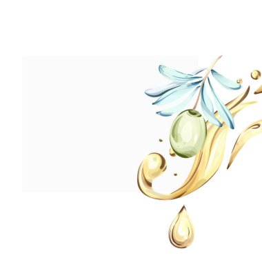 Canlı bir suluboya illüstrasyonunda, altın zeytinyağı damlacıkları parlayan narin yaprakların arasına yerleştirilmiş olgun zeytinler sergileniyor. Bu sanat eserleri, İtalyan mutfağının zengin lezzet ve yemek geleneklerini çağrıştırıyor.