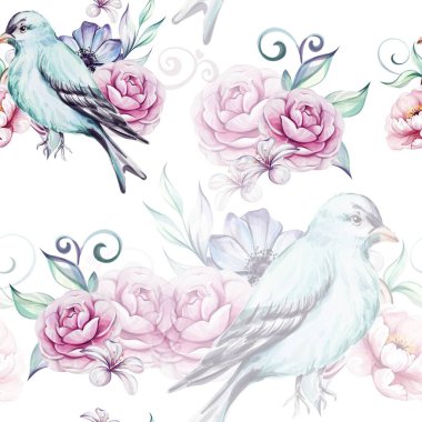 Mavi Victoria sakallı, pembe güllü, şakayıklı, şakayıklı, brunch ve yapraklı suluboya desenli. Romantik çiçekler. Tebrik kartları, düğün, kumaş, baskı için.