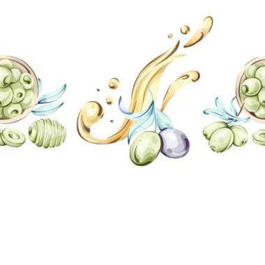 Zengin yeşil zeytinler ve parlak zeytinyağı, bu malzemelerin güzelliğini ve tazeliğini gösteren suluboya bir stilde sanatsal olarak resmedilmiştir. Sanat eserleri İtalyanca 'nın özünü yansıtıyor.