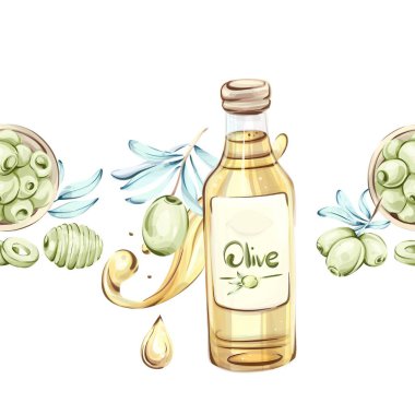 Bu renkli suluboya çizimi zeytin ve zeytin yağının güzelliğini yansıtır. Bir şişe zeytinyağının yanı sıra canlı zeytinlerin de yer aldığı zeytinyağı, İtalyan mutfağının zengin lezzetlerini ve doğal yönlerini çağrıştırıyor.