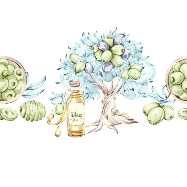 Bu güzel suluboya resimde zeytin yağı ve pürüzsüz bir desende dizilmiş bir zeytin ağacı var. Canlı yeşil ve mor renkler zeytinlerin doğal güzelliğini vurgular. Şey...