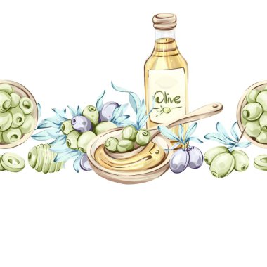 Narin suluboya çizimlerinde İtalyan mutfağının özünü vurgulayan zeytin ve bir şişe zeytin yağı sergileniyor. Rahatlatıcı bir palet doğanın davetkar güzelliğini yakalar.