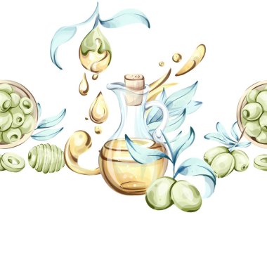 Bu sanat eserinde zeytin ve yapraklar ve bal ile çevrili cam bir sürahi zeytin yağı sergilenen canlı, pürüzsüz bir desen var. Suluboya tekniği İtalyanca 'nın özünü çok güzel yansıtıyor.