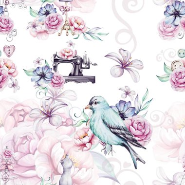 Suluboya, dikişsiz desen dikiş aletleri, dikiş makinesi, çiçekli sakal. Bayan için kıyafet tasarımı. Eski usul el becerisi. Eski moda, kartpostal, kumaş, baskı için terzilik