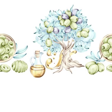 Narin suluboya çizimler, zeytin, zeytin ağacı ve bir şişe zeytin yağının büyüleyici bir düzenini tasvir eder. Bu kusursuz desen İtalyan mutfağının ve kutlayan doğanın özünü yansıtıyor.