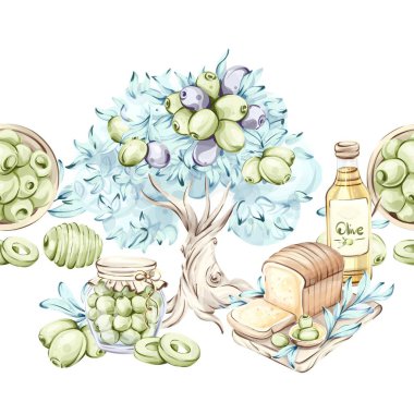 Güzel bir suluboya resimde zeytin yağı, zeytin yağı, taze ekmek ve korunmuş zeytin kavanozlarıyla çevrili bir zeytin ağacı yer alıyor. İtalyan mutfağıyla olan bağlantıyı vurgulayan bu sanat eseri,