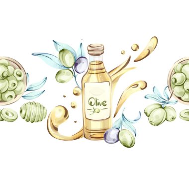 Bu sanat eserinde canlı zeytinler ve bir şişe zeytinyağı var. İtalyan mutfağının güzel elementlerini yakalıyor. Suluboya efekti zeytinlerin doğal güzelliğini vurgular.