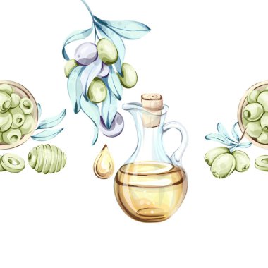 Resimlerde bir dizi zeytin ve zeytinyağı sergileniyor. Zeytin dallarıyla güzelce dizilmiş bir sürahi zeytin yağı..