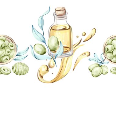 Bu suluboya resimde İtalyan mutfağı ve besininin özünü kutlayan bir şişe zeytin yağı ve dikişsiz bir desen var..