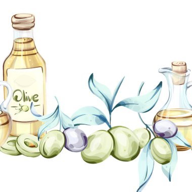Bu zarif suluboya resimde canlı zeytinler ve zarif zeytinyağı şişeleri sergileniyor..
