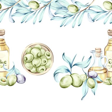 Bu sanat eseri, zeytin ve zeytinyağının kusursuz bir düzenini ve suluboya tekniğini sergiliyor..