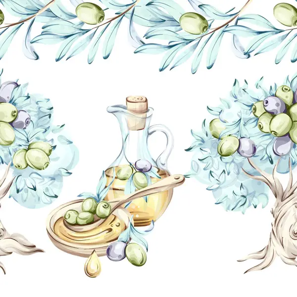 Bu canlı suluboya çizimi zeytin ve zeytinyağının enfes bir düzenini içeriyor. Karmaşık tasarım İtalyan mutfağının elementlerini vurguluyor. Zeytinlerin doğal güzelliğini gösteriyor.