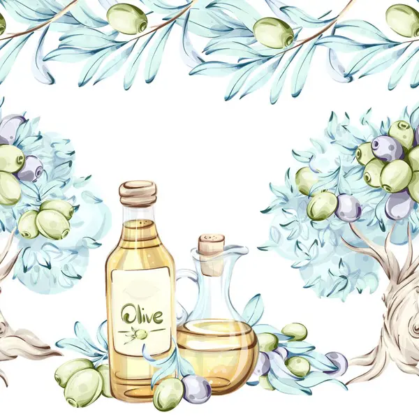 Suluboya tarzında ele geçirilmiş zeytin ve şişe zeytin yağı içeren güzel bir düzenleme. Kompozisyon zarif bir şekilde İtalyan mutfağının özünü ve zeytinlerin doğal güzelliğini gösteriyor.