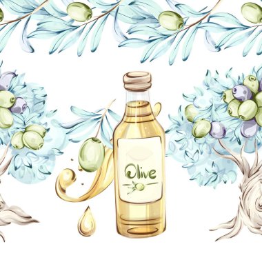 Bu sanat eserinde zeytin ve zeytinyağı güzel suluboya bir şekilde sergileniyor. Hassas kenarlar ve çerçevelerle düzenlenmiş..