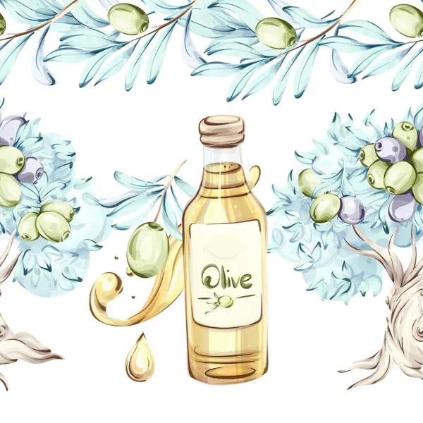 Bu sanat eserinde zeytin ve zeytinyağı güzel suluboya bir şekilde sergileniyor. Hassas kenarlar ve çerçevelerle düzenlenmiş..