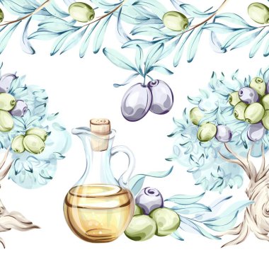 Zeytin ve zeytin yağının pürüzsüz bir şekilde sıralandığı büyüleyici bir suluboya çizimi serisi. Bu sanatsal tasvir, doğanın güzelliğini ve İtalyan mutfağının zenginliğini vurguluyor.