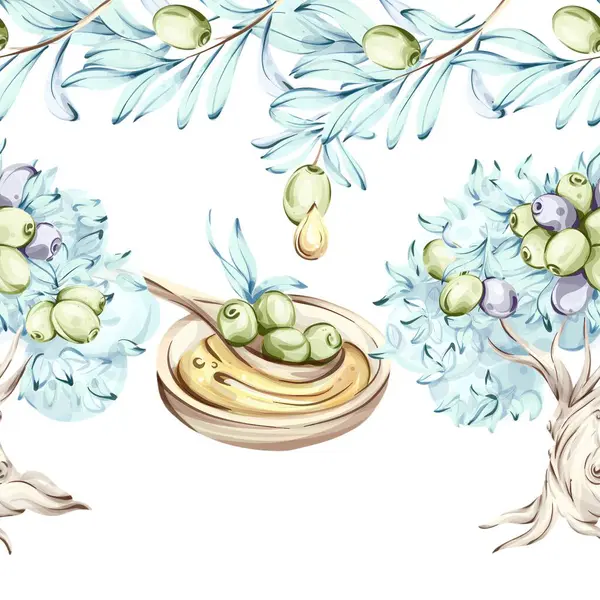 Kusursuz bir desen zeytin ve zeytinyağının güzelliğini suluboya resimleriyle gösteriyor..
