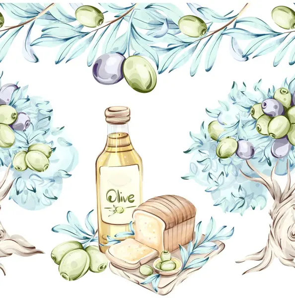 Bu sanat eserinde zeytin, bir şişe zeytinyağı ve bir somun ekmek, yemyeşil zeytin ağaçlarına karşı harika bir düzenleme yer alıyor. Suluboya tekniği güzel bir şekilde yakalıyor.