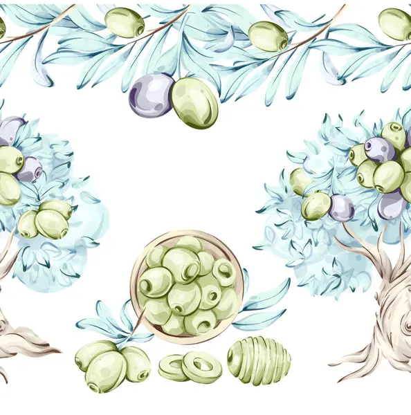 Bu sanat eseri, zeytin yağı ve zeytin ağaçlarının zarif suluboya stilinde yapıldığı kusursuz bir desen sunuyor..