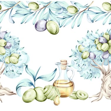 Bu sanat eserinde zeytin ve zeytin dalları tarafından güzelce çerçevelenmiş bir zeytin yağı şişesi ile kusursuz bir desen var. Suluboya, İtalyan mutfağının özünü yansıtıyor.