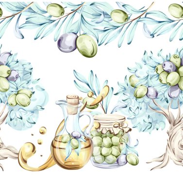 Resimlerde zeytin ve bir şişe zeytin yağı zarif şekillendirilmiş zeytin ağaçlarının zemininde yer alıyor. Sanat eserleri mutfağa odaklanan doğanın güzelliğini ve özünü vurgular.