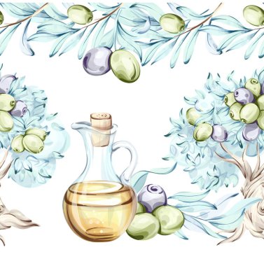 Canlı bir illüstrasyon zeytin ve zeytin dalları ve ağaçlarla çevrili bir şişe zeytin yağı yakalar. Bu sanat eseri zeytinlerin doğal güzelliğini ve besin değerini vurguluyor.
