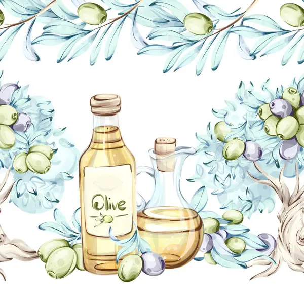 Zeytinyağı ve zeytin yağının özü suluboya resimlerle. Bereketli zeytin ağaçları tarafından çerçevelenmiş ve kusursuz bir şekilde düzenlenmiş. Doğanın güzelliğini ve önemini vurguluyor.