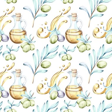 Güzel suluboya çizimler, İtalyan mutfağının zenginliğini vurgulayan pürüzsüz bir desenle zeytin ve zeytin yağını betimler. Yeşillik ve yağ şişeleri bir araya gelerek zarif bir...