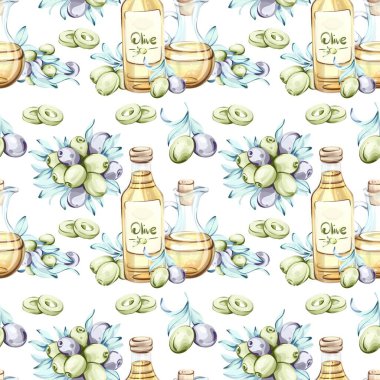 Bu canlı, dikişsiz desen zeytin yağı şişeleri ve taze zeytin dallarının hoş bir düzenini sergiliyor..