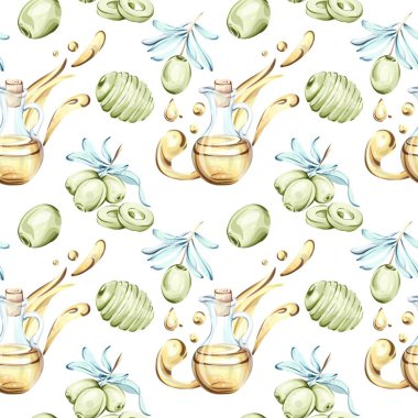 Zeytin yağı ve bal içeren renkli suluboya çizimler duvar kağıdı veya arka plan tasarımları için kusursuz bir desen oluşturur. Bu sanat, İtalyan mutfağının ve doğasının özünü çağrıştırıyor.