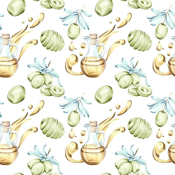 Zeytin yağı ve bal içeren renkli suluboya çizimler duvar kağıdı veya arka plan tasarımları için kusursuz bir desen oluşturur. Bu sanat, İtalyan mutfağının ve doğasının özünü çağrıştırıyor.