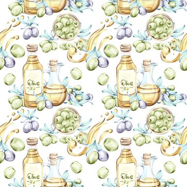 Güzel suluboya çizimler zeytin ve zeytin yağı sergiliyor ve İtalyan mutfağının özünü yansıtan dikişsiz bir desen oluşturuyor. Bu sanat eseri doğanın uyumunu yakalıyor.