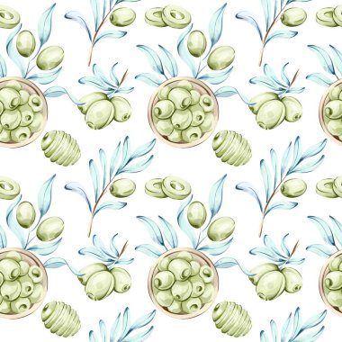 Bu güzel, pürüzsüz desen, suluboya tekniğiyle gösterilmiş canlı zeytinler ve zeytinyağı sergiliyor. İtalyan aşçılık gelenekleri ve güzelliğinin altını çiziyor.