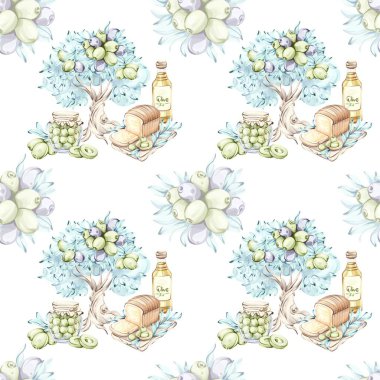 Bu suluboya resimde zeytin yağı şişeleri ve ekmeklerden oluşan pürüzsüz bir desen sergileniyor. Tasarım İtalyan mutfak kültüründen esinlenilmiştir ve doğanın güzelliği