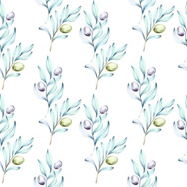 Sivri yeşil ve siyah zeytinli narin zeytin dalları sergiliyor. Bu suluboya serisi İtalyan mutfağının özünü ve doğanın cazibesini yansıtıyor.