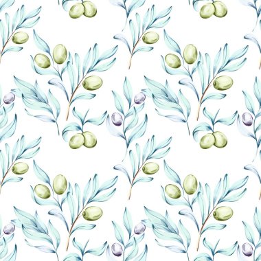 Suluboya çizimleri, zeytin ve zeytin dallarının pürüzsüz doğal bir paleti olduğunu gösteriyor. Bu tasarım İtalyan mutfak geleneklerinin güzelliğini ve besleyici