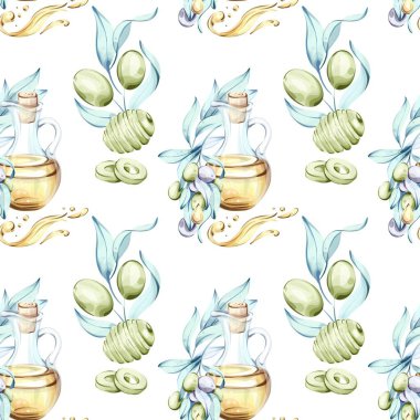 Parlak yeşil zeytinlerle süslenmiş zeytin dalları ve zarif zeytinyağı şişeleri var..