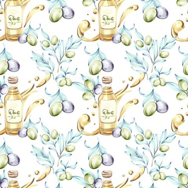 Bu sanat eserinde güzel çizilmiş zeytin ve zeytinyağı şişeleriyle dolu kusursuz bir desen var. Hassas suluboya tekniği, tasarıma hayat verir.