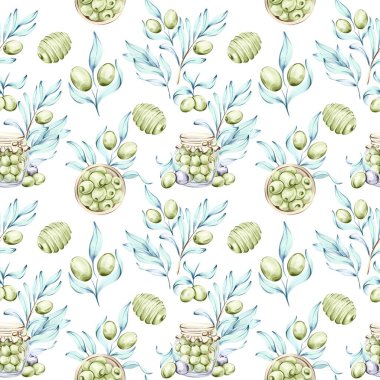 Sanat eserleri zeytin yağı kavanozları ve İtalyan mutfağının özünü gösteren yapraklarla süslenmiş kusursuz bir desen sunuyor. Yumuşak akan suluboya ile yapılan bu tasarım cazibesini yakalar