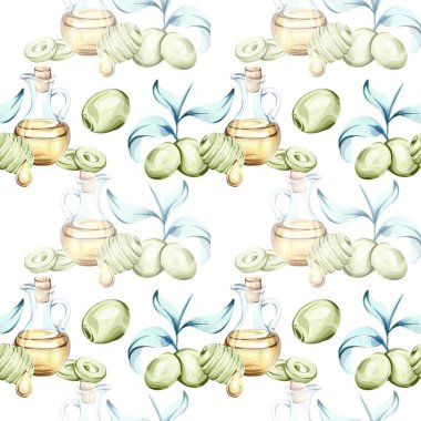 Olgun yeşil zeytinler ve suluboya ile güzel yapılmış zeytinyağı dolu kusursuz bir desen sergiliyor..