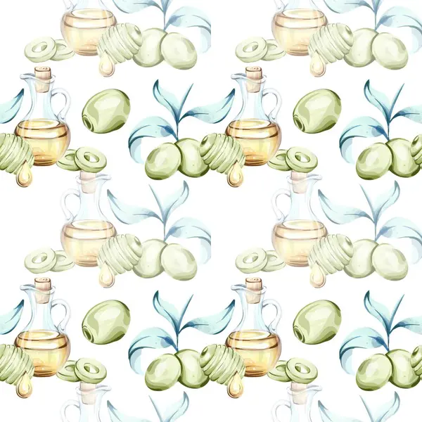 Olgun yeşil zeytinler ve suluboya ile güzel yapılmış zeytinyağı dolu kusursuz bir desen sergiliyor..