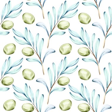 Bu suluboya resimde yeşil zeytin ve narin zeytin dallarından oluşan pürüzsüz bir desen var. Sanat eserlerinde İtalyan mutfağının özü ve zeytinlerin doğal güzelliği vurgulanıyor.