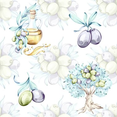 Bu pürüzsüz desen, yumuşak suluboya stilinde güzel çizilmiş zeytin ve zeytinyağı içerir. Elementler arasında bir zeytin ağacı taze zeytin ve bir şişe altın yağı var.