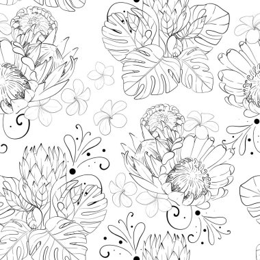 Vektör kusursuz desen. Tropikal protein buketleri, canavar yaprakları ve su tesisatı çiçekleri. Yaz botanik geçmişi. Siyah devre silueti