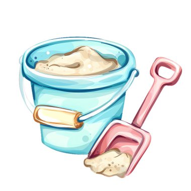 Kum dolu renkli bir plaj kovası, yanında pembe bir kürekle yaratıcı oyun oynamaya hazır..