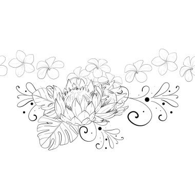 Vektör tropikal, kusursuz yaz sınırı, desen. Çiçek kompozisyonu, bir buket protein ve egzotik canavar yaprakları, tesisat. Elle çizilmiş grafik süsü. Siyah devre silueti