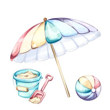 Parlak renkler ve neşeli tasarımlar yazın neşesini uyandırmak için bir araya gelirler. Neşeli bir şemsiye, plaj topu ve kum kovası sizi sahilde güneşli günlerin tadını çıkarmaya davet ediyor..