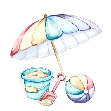 Parlak yaz aksesuarları, kumla dolu bir kovayı gölgeleyen pastel bir şemsiyeyle güneşin altında eğlenmeye hazır renkli bir plaj topu oluşturur..