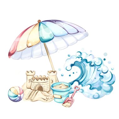 Renkli bir şemsiyesi, büyüleyici bir kumdan kalesi ve eğlence dolu tatil anıları yaratmak için mükemmel dalgaları olan canlı bir plaj ortamının tadını çıkarın..